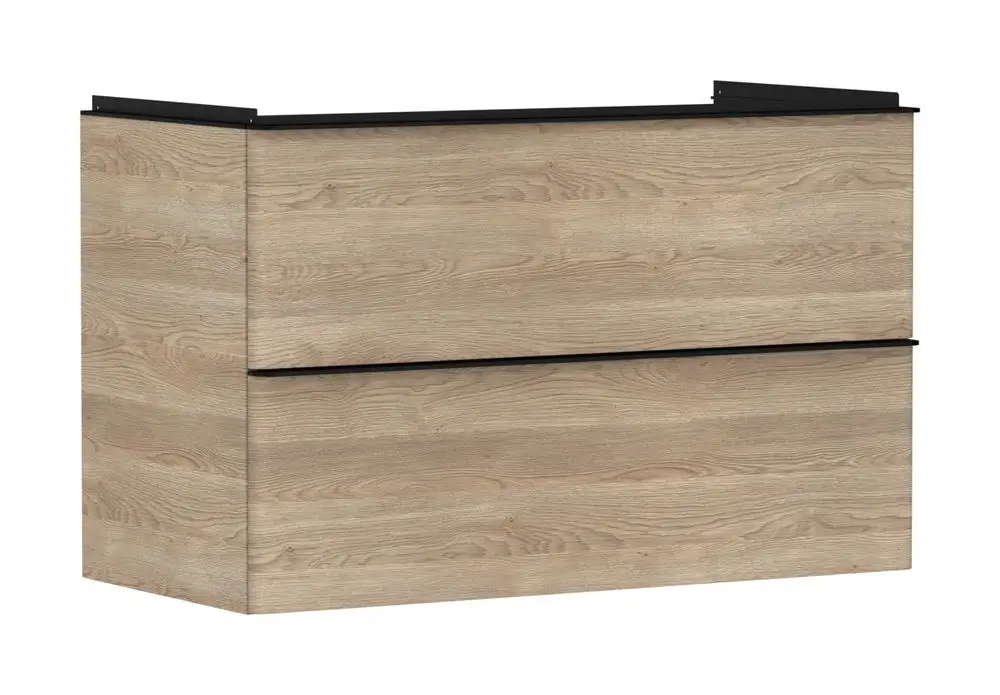 Waschtischunterschrank in Holzoptik von Hansgrohe mit zwei Schubkästen. Der Korpus ist hell, die Fronten sind klar strukturiert. Fehlt der Waschtisch.